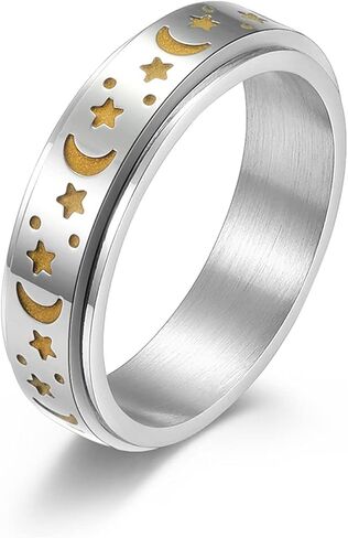 Stainless Steel Spinner Ring, Moon Star Rotatable Luminous Ring Fidget Rings Halloween Glowing Star Ring Engagement Wedding Promise Ring for Women Men Size 7-11 in Kuwait