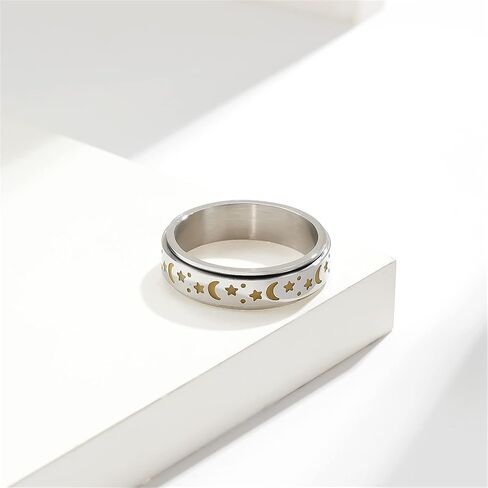 Stainless Steel Spinner Ring, Moon Star Rotatable Luminous Ring Fidget Rings Halloween Glowing Star Ring Engagement Wedding Promise Ring for Women Men Size 7-11 in Kuwait