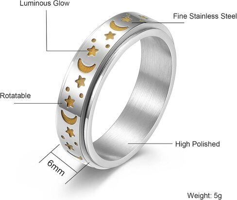 Stainless Steel Spinner Ring, Moon Star Rotatable Luminous Ring Fidget Rings Halloween Glowing Star Ring Engagement Wedding Promise Ring for Women Men Size 7-11 in Kuwait