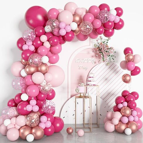 156Pcs Pink Balloon Garland Arch Kit, Hot Pink Metallic Rose Gold Chrome Confetti Balloons for Wedding Women Birthday Princess Theme Bridal Baby Shower Mother's Valentine's Day Party Decorations in Kuwait
