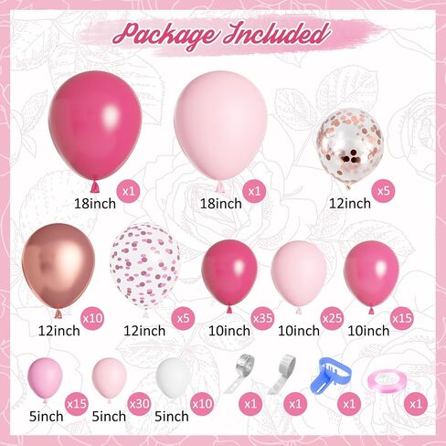 156Pcs Pink Balloon Garland Arch Kit, Hot Pink Metallic Rose Gold Chrome Confetti Balloons for Wedding Women Birthday Princess Theme Bridal Baby Shower Mother's Valentine's Day Party Decorations in Kuwait