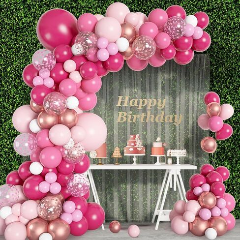 156Pcs Pink Balloon Garland Arch Kit, Hot Pink Metallic Rose Gold Chrome Confetti Balloons for Wedding Women Birthday Princess Theme Bridal Baby Shower Mother's Valentine's Day Party Decorations in Kuwait