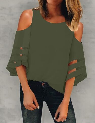 LookbookStore Women's Cold Shoulder Loose Shirt Tops 3/4 Bell Mesh Sleeve Blouse in Kuwait
