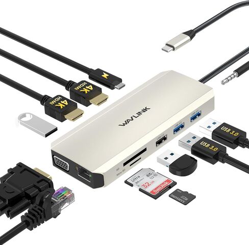 محطة إرساء WAVLINK USB C شاشة مزدوجة، شاشة كمبيوتر محمول ثلاثية المحور USB C، USB C إلى 2 HDMI، منفذ عرض، شحن PD، إيثرنت، 5 USB، قراءة SD/TF، ​​صوت لجهاز MacBook Dell HP Lenovo Surface، رمادي in Kuwait