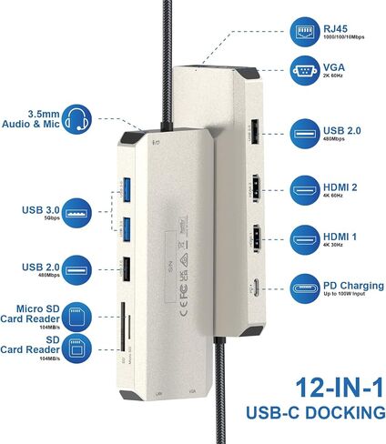 محطة إرساء WAVLINK USB C شاشة مزدوجة، شاشة كمبيوتر محمول ثلاثية المحور USB C، USB C إلى 2 HDMI، منفذ عرض، شحن PD، إيثرنت، 5 USB، قراءة SD/TF، ​​صوت لجهاز MacBook Dell HP Lenovo Surface، رمادي in Kuwait