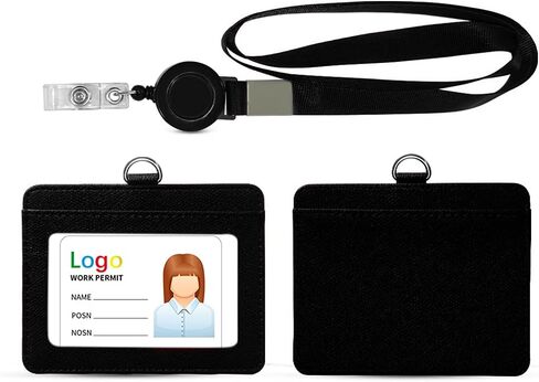 HYCOPROT ID Badge Holder with Lanyard Heavy Duty Retractable PU Leather Vertical Horizontal ID Card Holders with 1 Clear ID Window & 1 Credit Card Slot for Office School Licence (Horizontal, Black) in Saudi Arabia