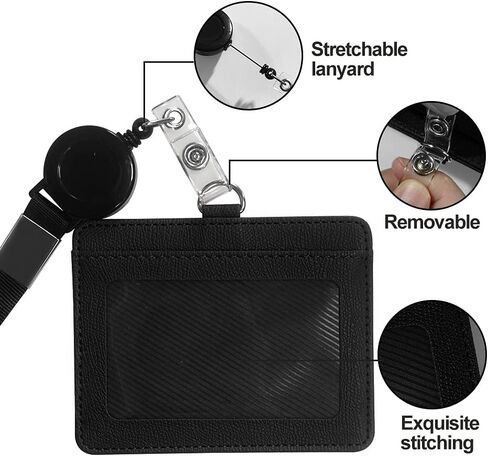 HYCOPROT ID Badge Holder with Lanyard Heavy Duty Retractable PU Leather Vertical Horizontal ID Card Holders with 1 Clear ID Window & 1 Credit Card Slot for Office School Licence (Horizontal, Black) in Saudi Arabia
