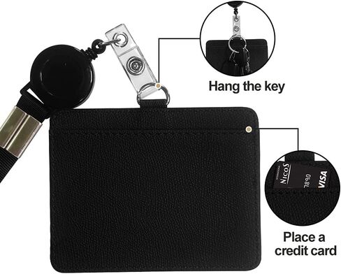 HYCOPROT ID Badge Holder with Lanyard Heavy Duty Retractable PU Leather Vertical Horizontal ID Card Holders with 1 Clear ID Window & 1 Credit Card Slot for Office School Licence (Horizontal, Black) in Saudi Arabia