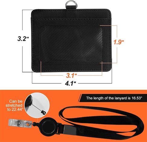 HYCOPROT ID Badge Holder with Lanyard Heavy Duty Retractable PU Leather Vertical Horizontal ID Card Holders with 1 Clear ID Window & 1 Credit Card Slot for Office School Licence (Horizontal, Black) in Saudi Arabia