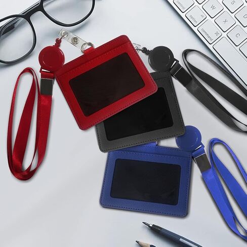 HYCOPROT ID Badge Holder with Lanyard Heavy Duty Retractable PU Leather Vertical Horizontal ID Card Holders with 1 Clear ID Window & 1 Credit Card Slot for Office School Licence (Horizontal, Black) in Saudi Arabia
