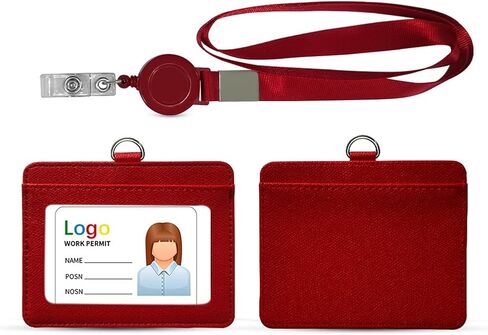 HYCOPROT ID Badge Holder with Lanyard Heavy Duty Retractable PU Leather Vertical Horizontal ID Card Holders with 1 Clear ID Window & 1 Credit Card Slot for Office School Licence (Horizontal, Black) in Saudi Arabia