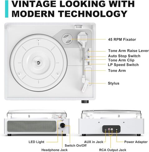Vinyl Record Player with Speakers & Wireless Receiver Vintage Turntable for Vinyl Records 3 Speed 3 Size Belt-Driven LP Player Portable Retro Vinyl Players for Vinyls AUX RCA Headphone Wood Cyan in Saudi Arabia