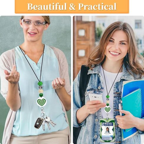 Teacher Lanyard for ID Badge Card, Cute Green Heart Men Women Beaded Breakaway Neck Lanyards Name Tag Badges Holder Aesthetic Work Keys Accessories in Saudi Arabia