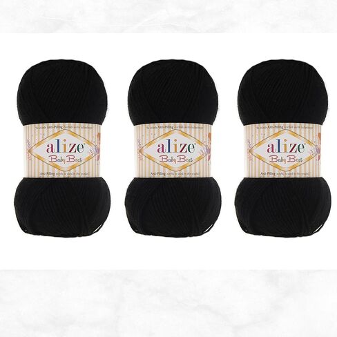 Alize Baby Best Yarn 90% Anti-Pilling Acrylic 10% Soft Bamboo Blend Crochet Hand Knitting Art Lot of 3 Skeins 300gr 786yds (3 Pack, Pure Black - 60) in Saudi Arabia
