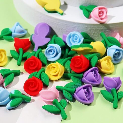 MSCFTFB 100 Pieces Rose with Green Leaf Resin Charms Flower Plastic Beads Flatback Cabochons Embellishment for Jewelry Making Cardmaking Scrapbooking Hair Accessories (Yellow) in Kuwait
