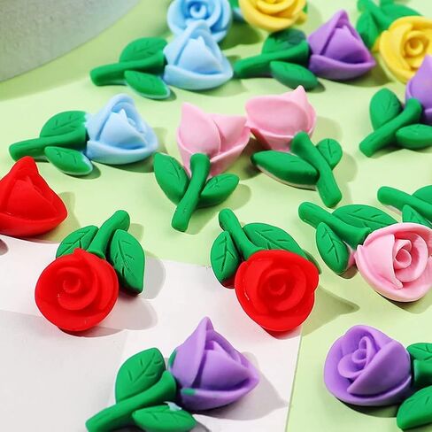 MSCFTFB 100 Pieces Rose with Green Leaf Resin Charms Flower Plastic Beads Flatback Cabochons Embellishment for Jewelry Making Cardmaking Scrapbooking Hair Accessories (Yellow) in Kuwait