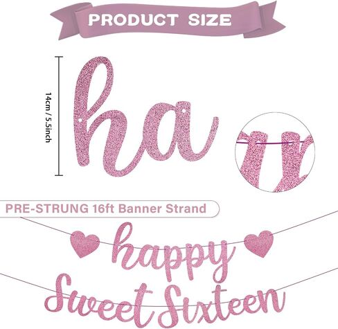 Pre-Strung Gold Sweet 16 Birthday Decorations - Glitter Banner, Happy 16 Years Old Decor Supplies & Photo Backdrop in Kuwait