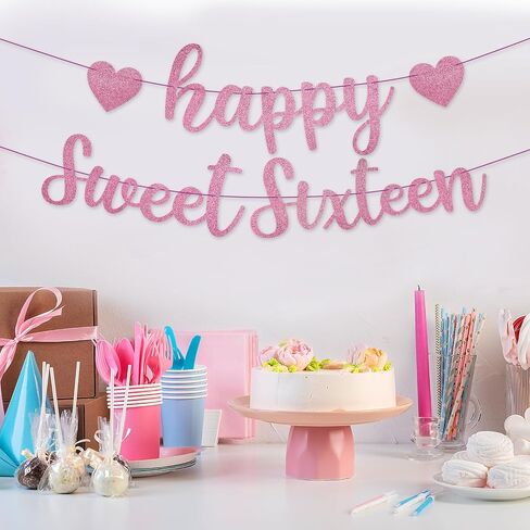 Pre-Strung Gold Sweet 16 Birthday Decorations - Glitter Banner, Happy 16 Years Old Decor Supplies & Photo Backdrop in Kuwait