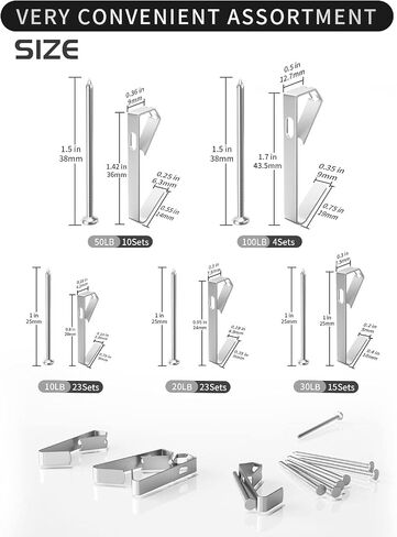 Picture Hooks - 150 PCS Picture Hanging kit with Nails for Drywall Wooden Wall - 5 Sizes Including 10/20/30/50/100lb Picture Hangers Hooks (Silver) in Saudi Arabia