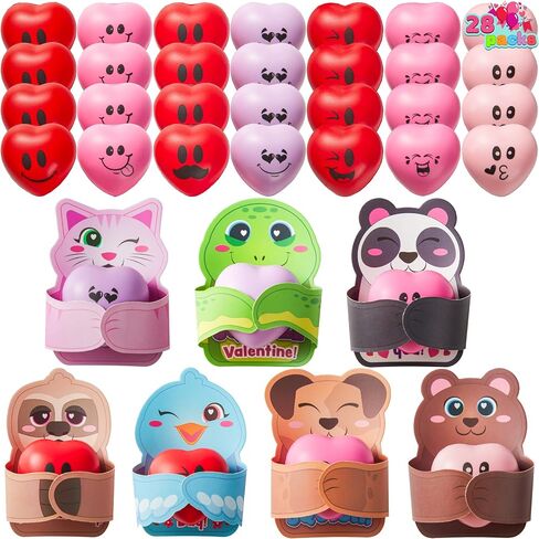 JOYIN 28 Packs Heart Stress Ball with Valentine Cards Heart Shape Squishy Toy Stress Relief Fidget Toy with Valentine’s Greeting Cards for Kids Valentine's Day Gifts Party Favors, Classroom Exchange in Saudi Arabia
