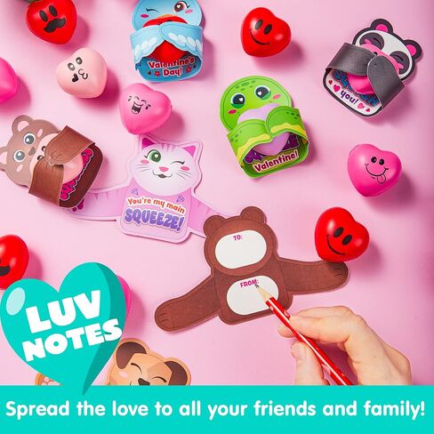 JOYIN 28 Packs Heart Stress Ball with Valentine Cards Heart Shape Squishy Toy Stress Relief Fidget Toy with Valentine’s Greeting Cards for Kids Valentine's Day Gifts Party Favors, Classroom Exchange in Saudi Arabia