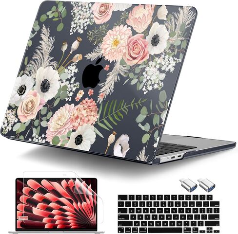 DONGKE for M3 MacBook Air 13.6 Inch Case 2025 2024-2022 A3113 A2681 M2 Touch ID, Plastic Hard Shell & Keyboard Cover & Screen Protector & Type C Adapter for MacBook Air M2 13 inch, Florals in Saudi Arabia
