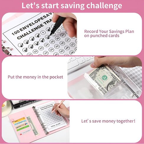 [Money Safer]100 Envelopes Money Saving Challenge Binder with Lock - A5 Savings Book & 100 Pockets printed with Numbers & Tracker Sheets, Pink in Saudi Arabia