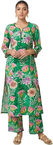 مجموعة بنطلونات كورتا للنساء من ذا لوم 3/4 كم رقبة دائرية على شكل حرف V ملابس عرقية هندية مطبوعة كورتي للفتيات باللون الأخضر والوردي in Kuwait