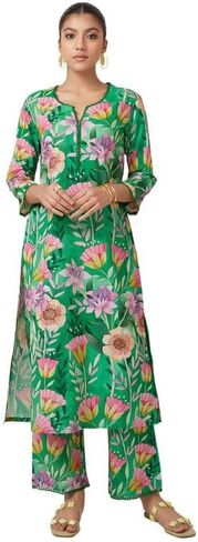 مجموعة بنطلونات كورتا للنساء من ذا لوم 3/4 كم رقبة دائرية على شكل حرف V ملابس عرقية هندية مطبوعة كورتي للفتيات باللون الأخضر والوردي in Kuwait