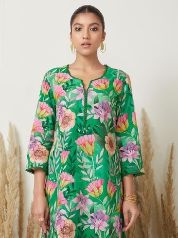 مجموعة بنطلونات كورتا للنساء من ذا لوم 3/4 كم رقبة دائرية على شكل حرف V ملابس عرقية هندية مطبوعة كورتي للفتيات باللون الأخضر والوردي in Kuwait