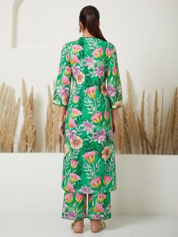 مجموعة بنطلونات كورتا للنساء من ذا لوم 3/4 كم رقبة دائرية على شكل حرف V ملابس عرقية هندية مطبوعة كورتي للفتيات باللون الأخضر والوردي in Kuwait