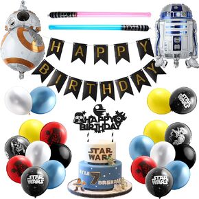 Haooryx 35PCS Galaxy Wars Birthday Party Favor Supplies for Kids, Black Series Birthday Banner Darth Vader Cake Topper Decoration Latex Balloons War Lightsaber BB8 Robot Aluminum Foil balloons