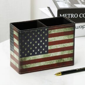 Pen Holder, Rectangle Vintage Pencil Holder with 2 Compartments, PU Leather Art Remote Control Holder Organizer Storage for Desk Accessory (World Map)