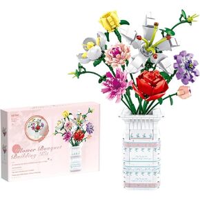 Adults Flowers Bouquet Building Set for Women, 10 Artificial Flowers, with Blocks Vase (730 Pcs)