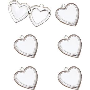 lasenersm 6 Pieces Mini Brass Heart-Shaped Photo Locket Pendants, Silver
