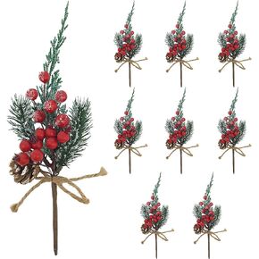 BANBERRY DESIGNS Christmas Floral Decorating Picks - Snowy Pinecone & Red Berry Pick with Pine Greenery - Set of 9 - Xmas Crafting Accessory - 11" H