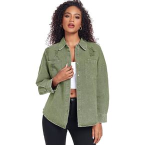 Vidifid Women Denim Jacket Oversized Casual Button Up Boxy Jean Jackets Drop Shoulder Long Sleeve Trucker Coat with Pocket