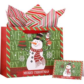 JEWOU Christmas Gift Bags,Christmas Tote Bags with Handles,Christmas Treat Bags, Christmas Gift Bag with Tissue Paper,Xmas Party Supplies, Medium Christmas Gift Bags,13'x10.2'x4.9'（Snowman）