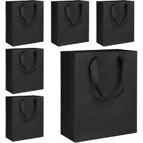 QIELSER 6 Pcs Black Gift Bags with Ribbon Handles, Kraft Gift Bags Medium Size 8x5x10 Inches, Black Paper Bags for Party Favor Bags, Business, Wedding, Holiday and Christmas