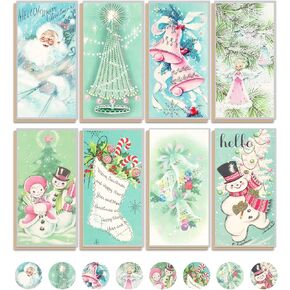 Whaline 32 Pack Christmas Paper Gift Card Holders with Kraft Envelopes and Stickers Vintage Teal Santa Snowman Money Holders for Xmas Winter Cash