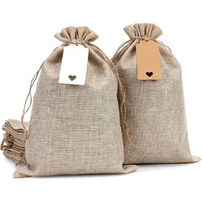 Tapleap Burlap Bags with Drawstring, 10 x 14 inches (Lot of 10) Favor Sacks with String and Tags for Wrapping St Patrick's Day Gifts, Birthday, Wedding or Household Use(Original)