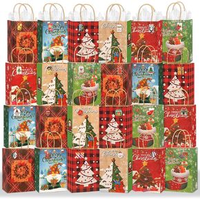 24 Christmas Gift Paper Bags Bulk with handles Wrapping,Christmas Trees Snowman Truck Buffalo Plaid Santa Claus Santa Xmas Holiday Xmas Kraft Gift Bags Party Favors(6 Small 6 Medium 6 Large 6 Jumbo)