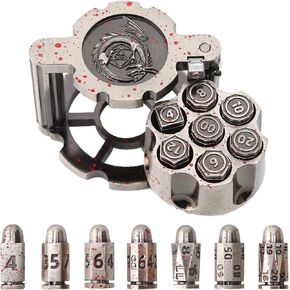 Bullet Dice, Revolver Bullet Metal Dice Set with Spinning Revolver Cylinder Container & Seven Polyhedron Dices for DND, Warhammer 40K, Pathfinder, Sci-Fi, War, Crime Theme Tabletop Games