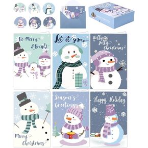 DUZXLCQ Set of 30 Boxed Christmas Cards with Envelopes and Stickers Holiday Greeting Cards Bulk 4x6 inch Christmas Cards Set Bulk Greeting and New Years Cards 6 Assorted Designs Snowman