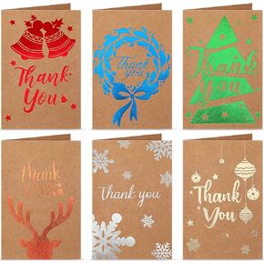 84 Pieces Kraft Christmas Thank You Cards with 84 Pieces Envelopes, Foil Embellished Holiday Christmas Greeting Cards Snowflake Christmas Tree Bells Antler Xmas Present Cards Assortment, 6 Designs