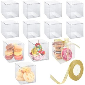 WOPPLXY 50 Pack Clear Favor Boxes with Gift Ribbons, 3x3x3 Inches Transparent Plastic Gift Boxes, Party Favor Boxes, Clear Cube Treat Boxes for Candy, Individual Cupcake & Macaron, Chocolate Bomb