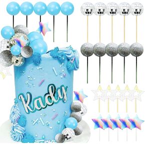 JeVenis Pink Disco Ball Cake Topper Dancing Queen Cake Topper 80s Cake Decorations Silver Cake Balls Silver Cake Decorations
