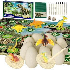 Dinosaur Eggs Excavation Dig Kit, 12 Unique Dinosaur Eggs with Cards, Digging Tools, Dice and Chess Cloth, Archaeological Science Toys Birthday Gifts for Kids Ages 3+