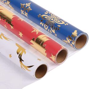 FOPINOA 3 Rolls Christmas Wrapping Paper, 30 Feet(42 Sq. Ft. Ttl) Folded Christmas Gift Paper Xmas Present Wrapping Paper Reindeer, Christmas Tree, Snowflakes for Holiday Gift Wrap Christmas Party Decoration