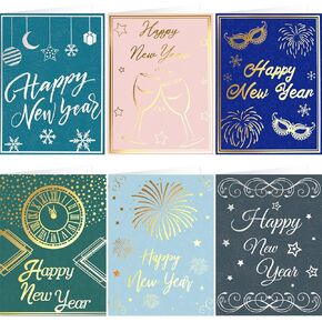 Fancy Land Happy New Year Cards with Envelopes 24PCS 2025 Gold Silver Foil New Year Greeting Cards Blank Inside